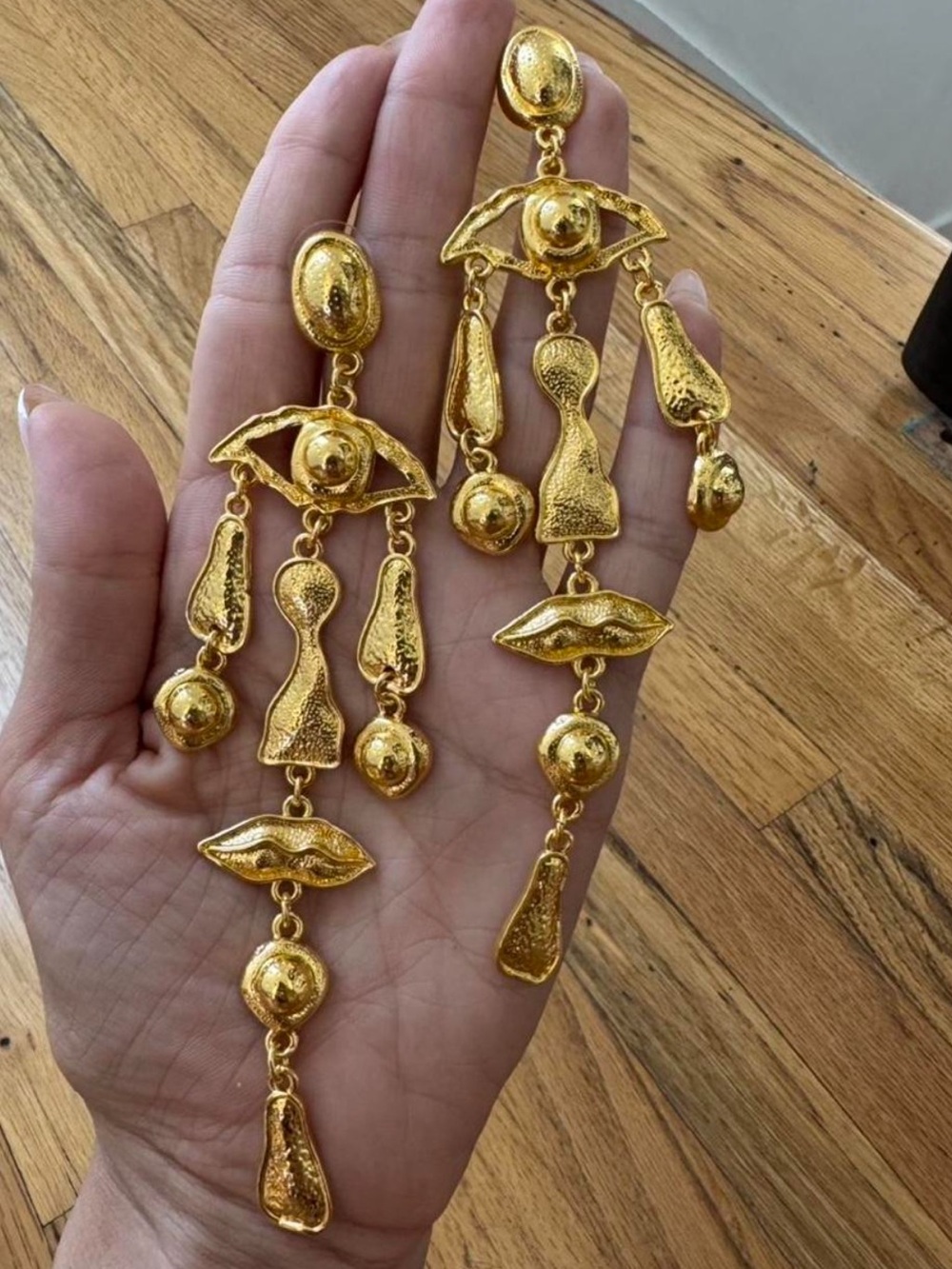 Vintage Gold-Tone Articulated Face Motif Dangle Earrings